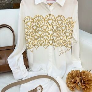 Karl Lagerfeld White and Gold Button Down Shirt